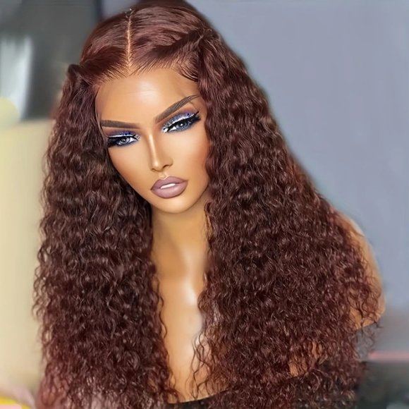 180% Chocolate Brown 13×4 Lace Front Deep Wave Curly Lace Front Human Hair Wig - Picture 3 of 7